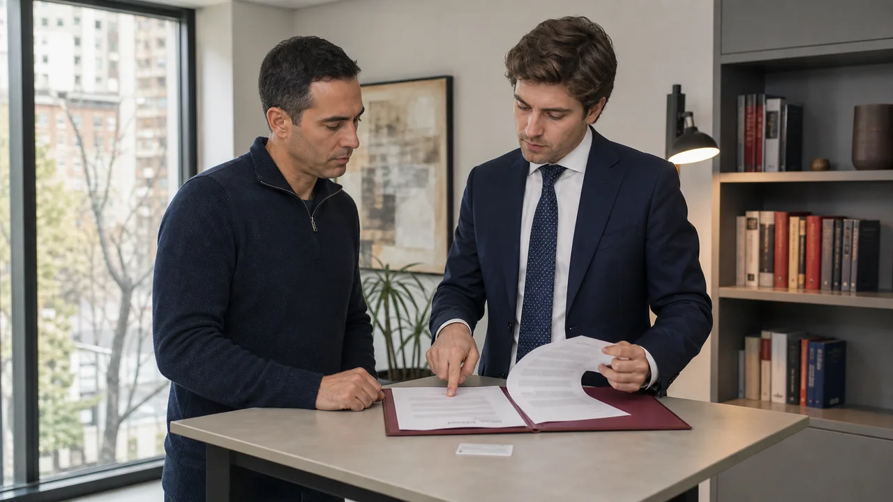 Abogado revisando con su cliente los antecedentes penales de un expediente de residencia