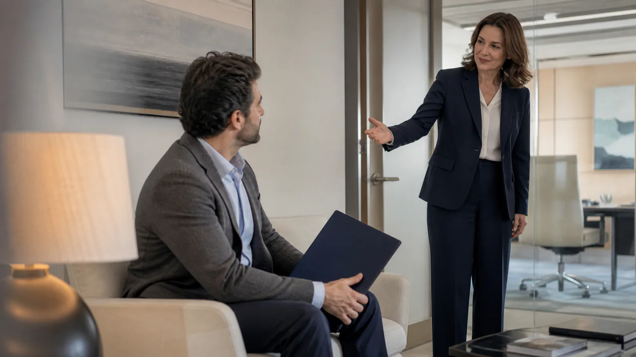 Abogada recibiendo a un cliente para revisar una detención anterior