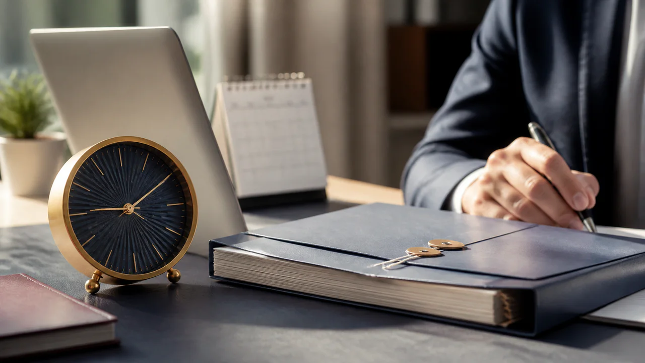 Expediente de extranjería junto a un reloj y un calendario
