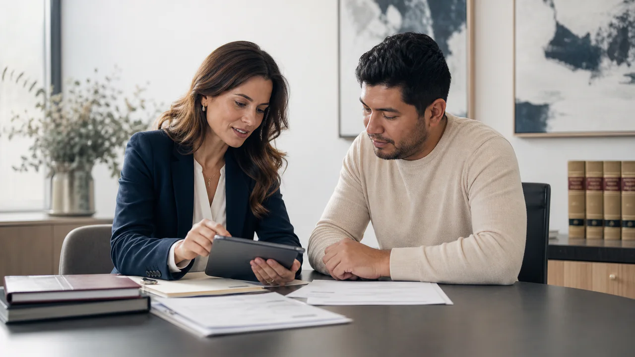 Abogada revisando con un cliente los requisitos del arraigo social