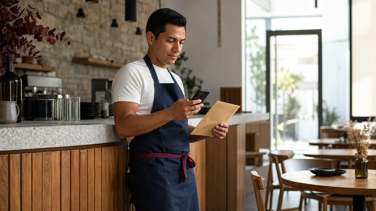 Trabajador de hostelería revisando mensajes sobre sus condiciones laborales